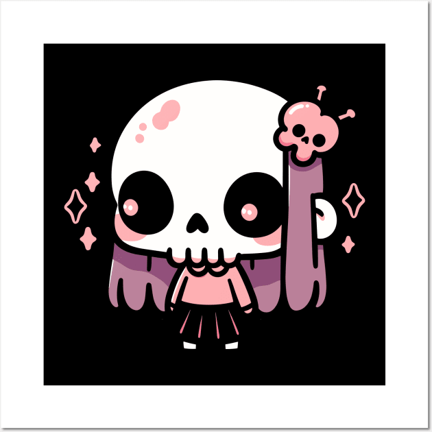 Cute Halloween Skull Girl in a Kawaii Costume | Cute Halloween Design for Girls Wall Art by Nora Liak